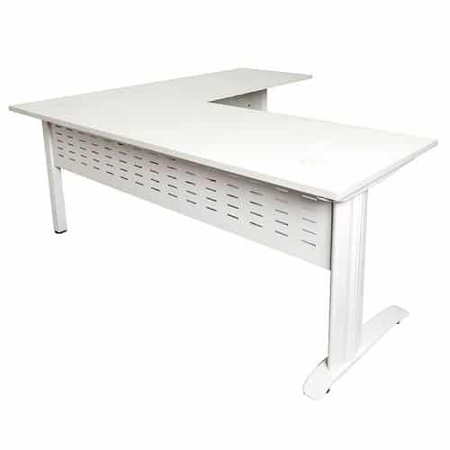 Space System Desk with Attached (Right Hand) Return, Natural White Desk Top, White Base