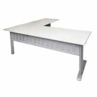 Space System Desk with Attached (Right Hand) Return, Natural White Desk Top, Silver Base