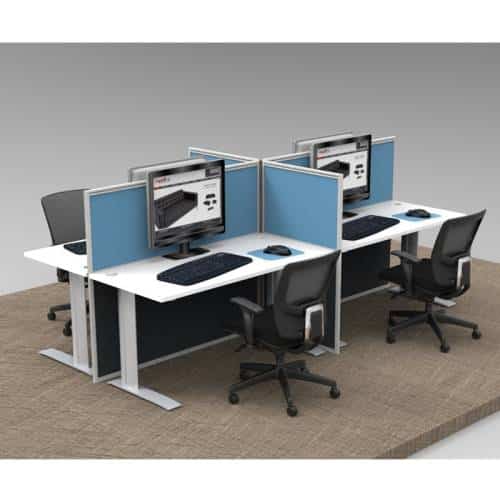 Space System 4 Straight Desk Pod, with 4 Blue Floor Standing Screen Dividers