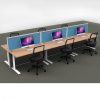 Space System 6-Way Straight Desk Pod with Three Floor Standing Screen Dividers, Beech Desk Tops, Blue Screen Fabric
