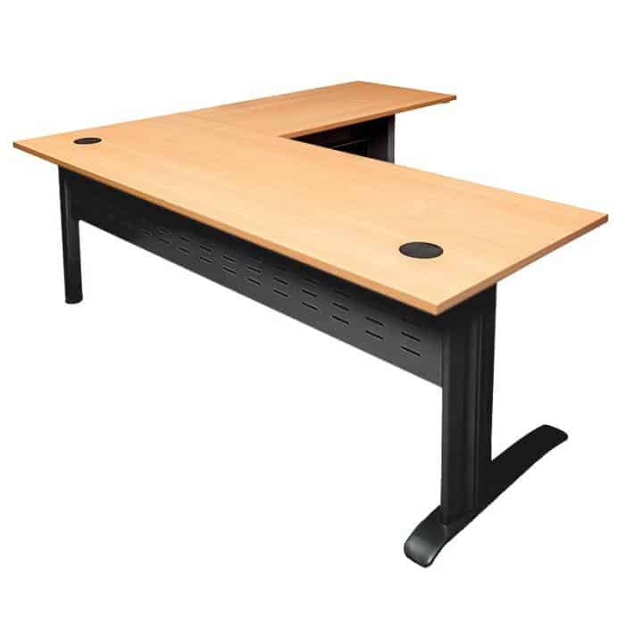 Space System Desk with Attached (Right Hand) Return, Beech Desk Top, Black Base