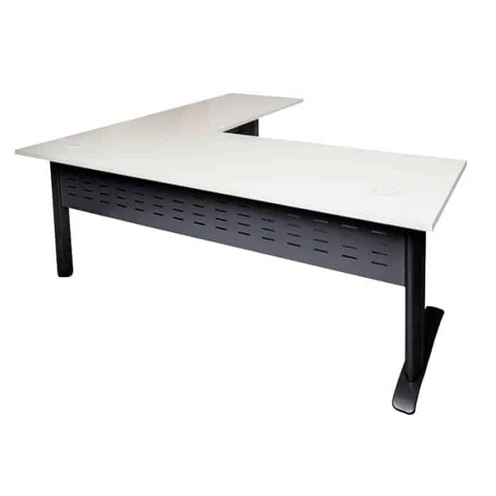 Space System Desk with Attached (Right Hand) Return, Natural White Desk Top, Black Base