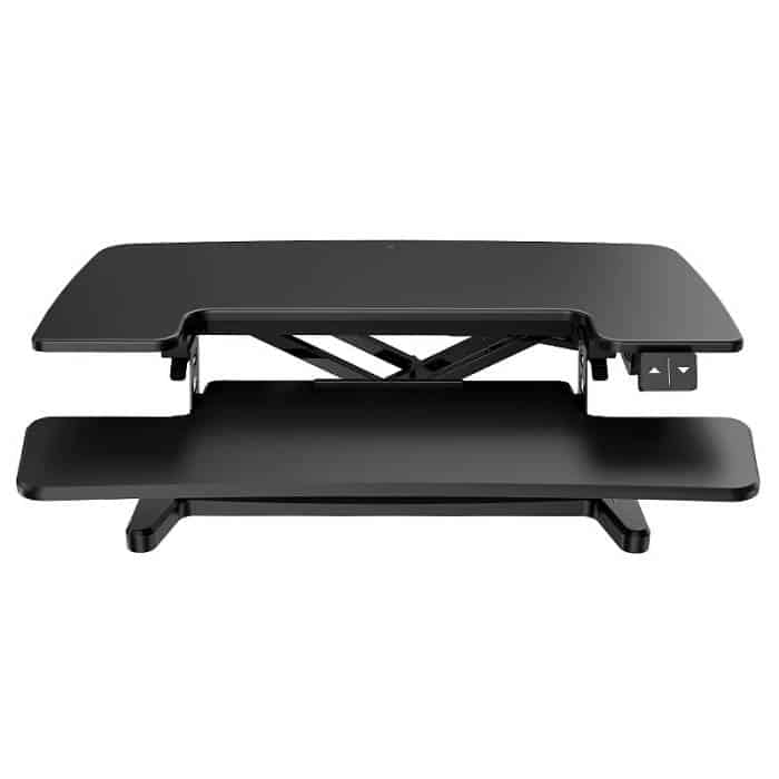 Lift Pro Electric Height Adjustable Desktop Stand, Black. Lowered Front View