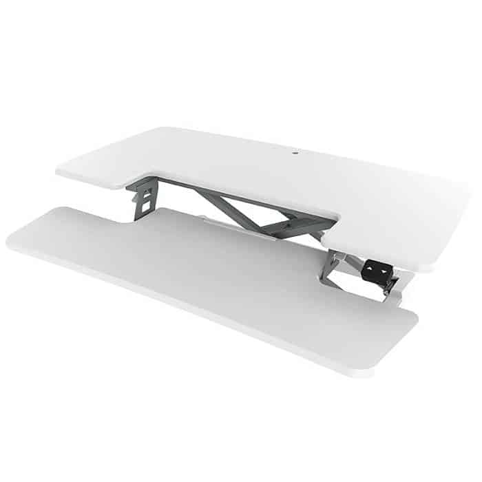 Lift Pro Electric Height Adjustable Desktop Stand, White. LH Angle View