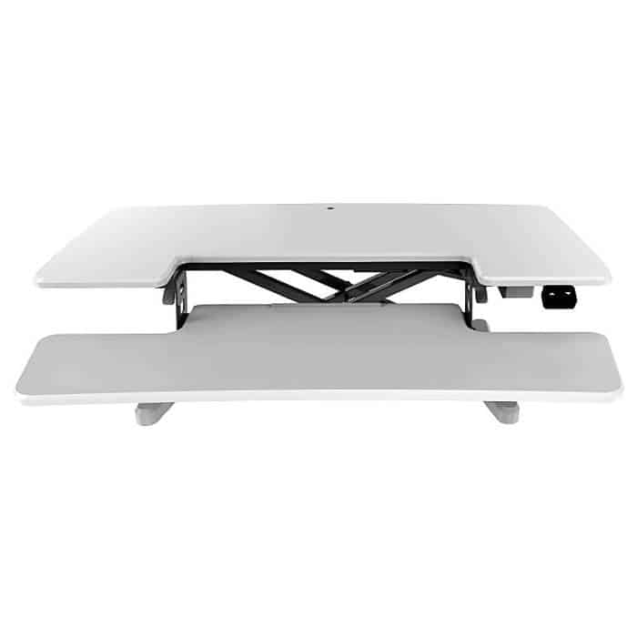 Lift Pro Electric Height Adjustable Desktop Stand, White. Lowered Front View