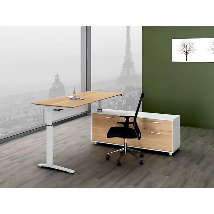 Director Executive Electric Height Adjustable Desk with Right Hand Attached Storage Cupboard. Virginia Walnut and White