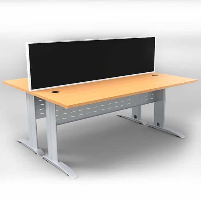 Space System 2 Back to Back Desks, Silver Base with Beech Tops and 1 Integral Express Screen Divider