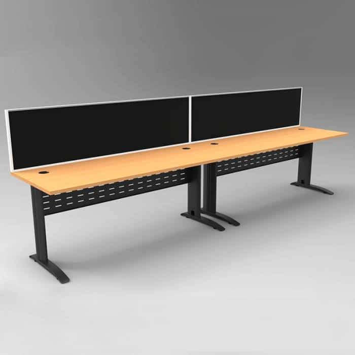 Space System 2 Inline Desks, Black Base with Beech Tops and 2 Integral Express Screen Dividers