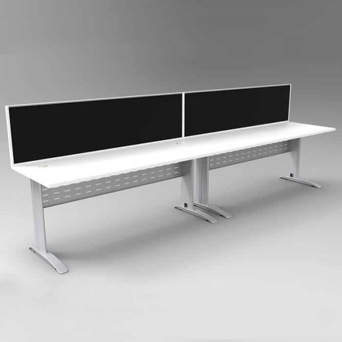 Space System 2 Inline Desks, Silver Base with Parchment (Off-White) Tops and 2 Integral Express Screen Dividers