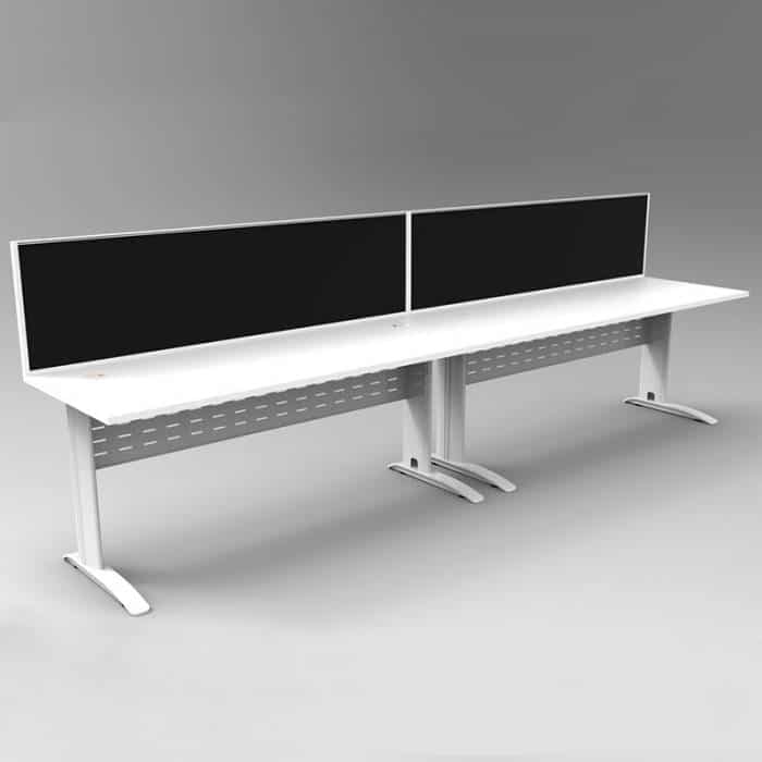 Space System 2 Inline Desks, White Base with Natural White Tops and 2 Integral Express Screen Dividers