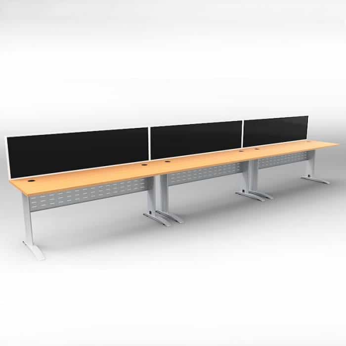 Space System 3 Inline Desks, Silver Base with Beech Tops and 3 Integral Express Screen Dividers