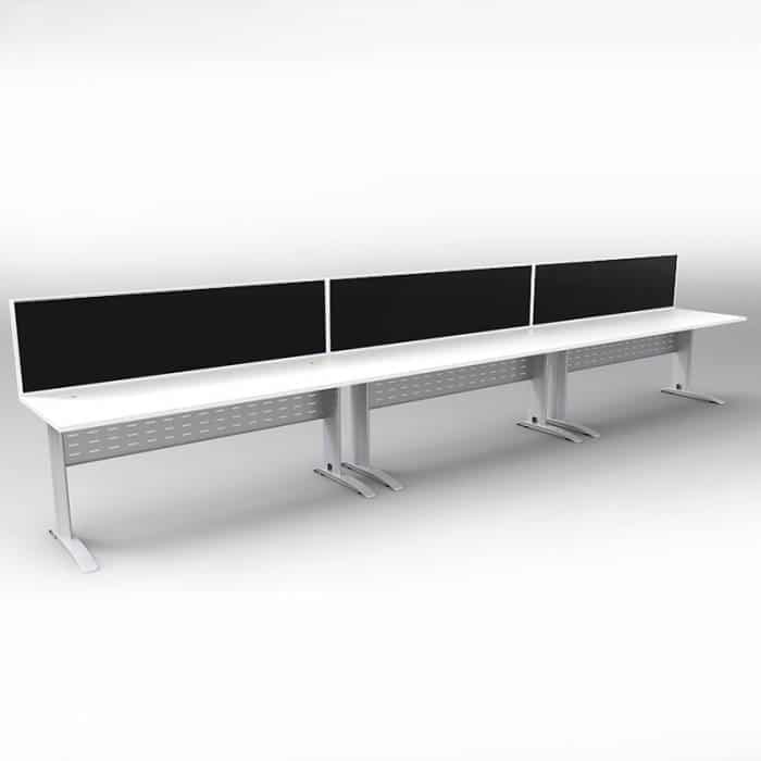 Space System 3 Inline Desks, Silver Base with Natural White Tops and 3 Integral Express Screen Dividers