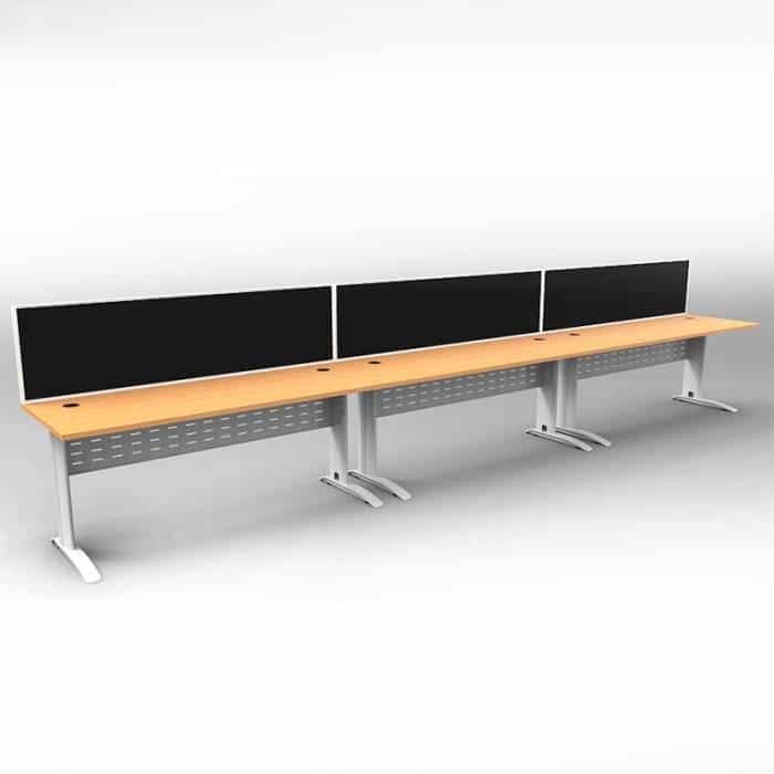 Space System 3 Inline Desks, White Base with Beech Tops and 3 Integral Express Screen Dividers