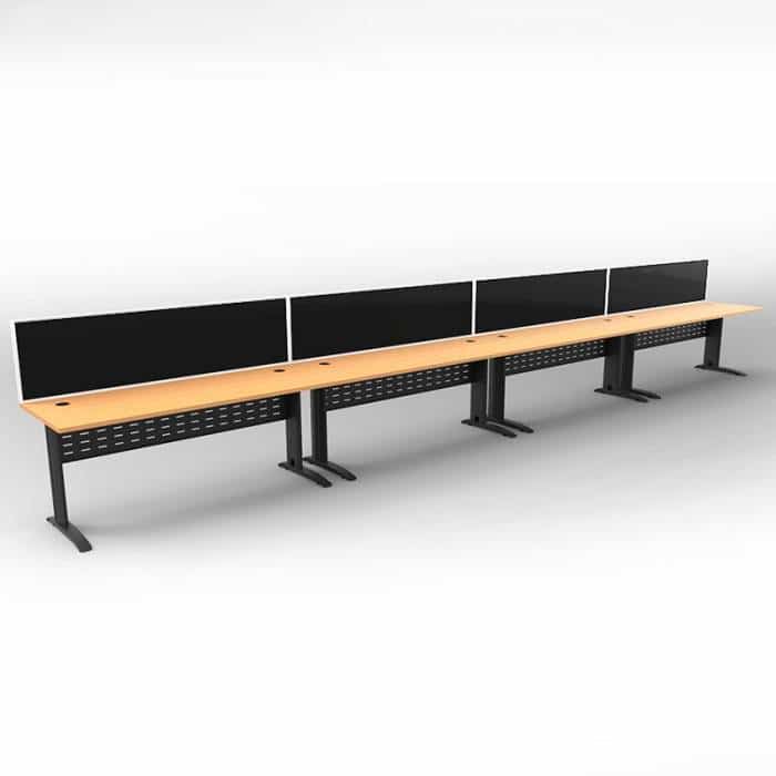 Space System 4 Inline Desks, Black Base with Beech Tops and 4 Integral Express Screen Dividers