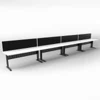Space System 4 Inline Desks, Black Base with Natural White Tops and 4 Integral Express Screen Dividers