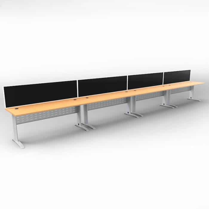 Space System 4 Inline Desks, Silver Base with Beech Tops and 4 Integral Express Screen Dividers