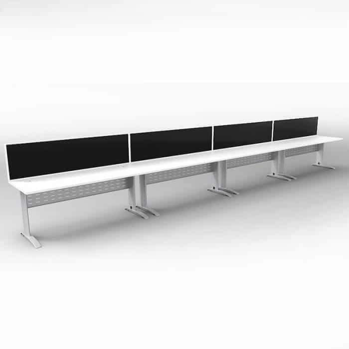 Space System 4 Inline Desks, Silver Base with Natural White Tops and 4 Integral Express Screen Dividers