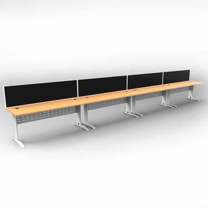Space System 4 Inline Desks, White Base with Beech Tops and 4 Integral Express Screen Dividers