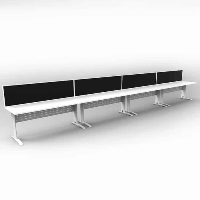 Space System 4 Inline Desks, White Base with Natural White Tops and 4 Integral Express Screen Dividers