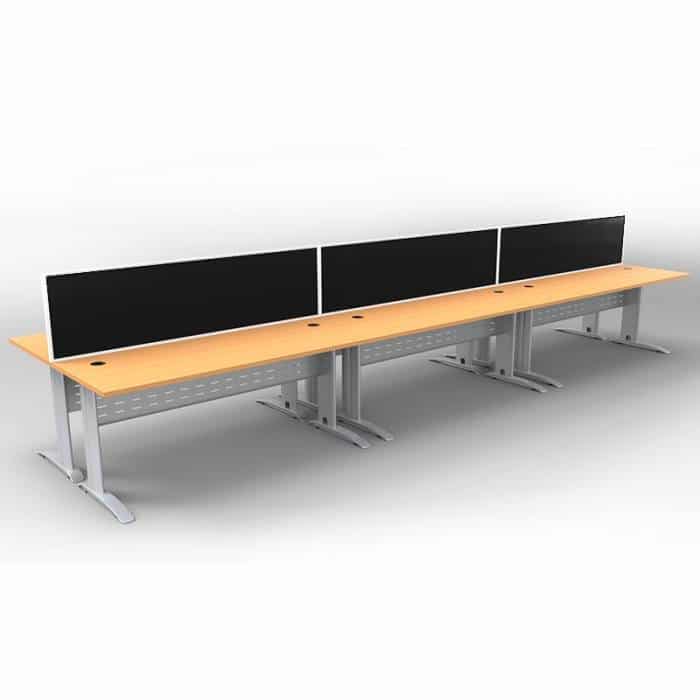 Space System 6 Back to Back Desks, Silver Base with Beech Tops and 3 Integral Express Screen Dividers
