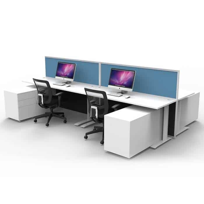 Space System 4 Back to Back Desks with 2 Floor Standing Screen Dividers and Storage Caddies