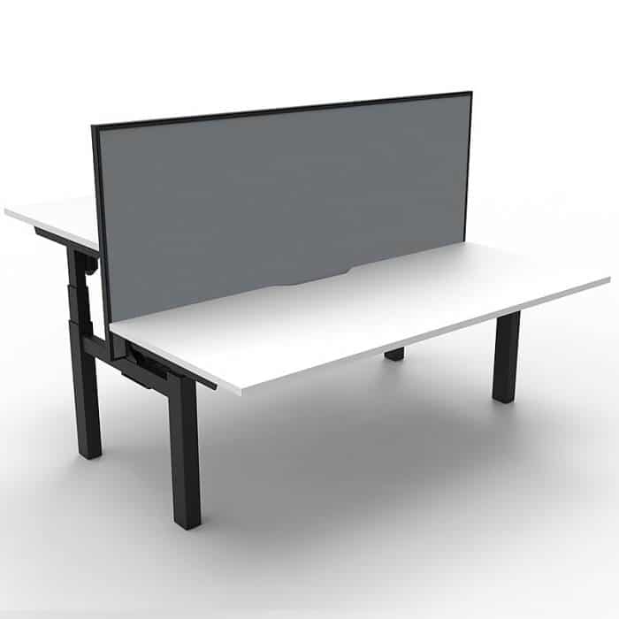 Boost plus Height Adjustable Double Sided Desk, Natural White Desk Top, Black Frame, with Grey Screen Divider