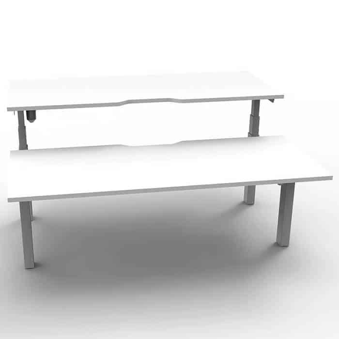 Boost Height Adjustable Double Sided Desk, Natural White Desk Top, White Frame, No Screen Divider