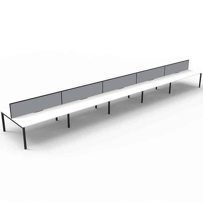 Elite 10-Way Desk Pod, Natural White Desk Tops, Black Under Frame with Grey Screen Dividers