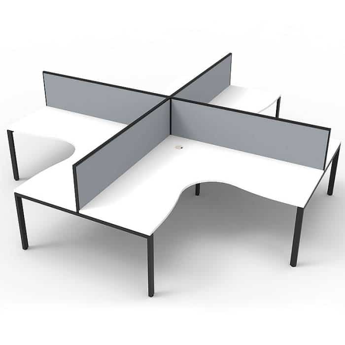 Elite 4-Way Corner Workstation, Natural White Desk Tops, Black Under Frames, with Grey Screen Dividers