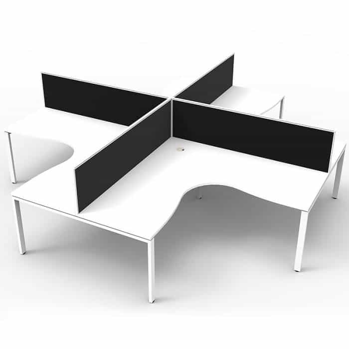 Elite 4-Way Corner Workstation, Natural White Desk Tops, White Under Frames, with Black Screen Dividers