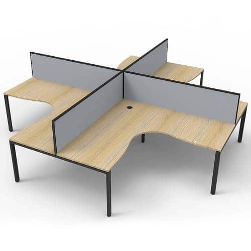 Elite 4-Way Corner Workstation, Natural Oak Desk Tops, Black Under Frames, with Grey Screen Dividers | workstation screen