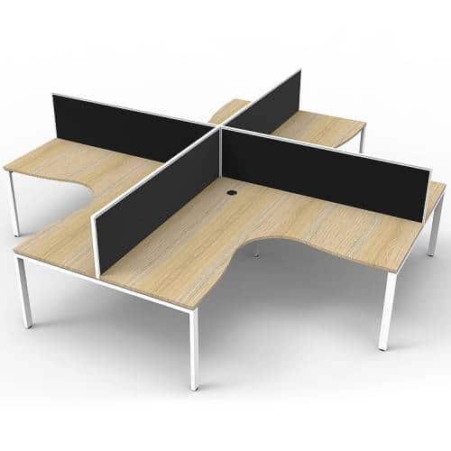 Elite 4-Way Corner Workstation, Natural Oak Desk Tops, White Under Frames, with Black Screen Dividers