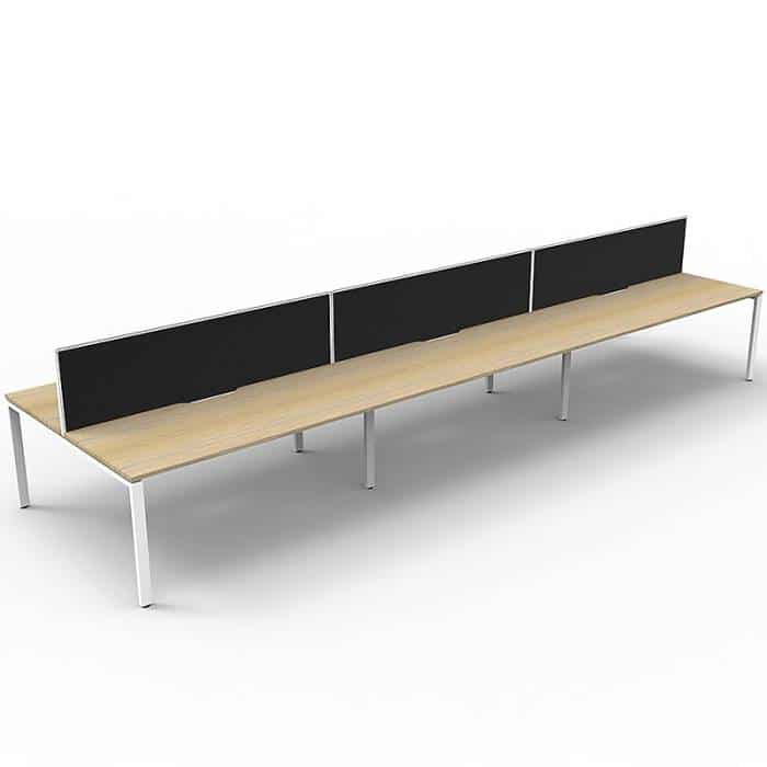 Elite 6-Way Desk Pod, Natural Oak Desk Tops, White Under Frame, with Black Screen Dividers