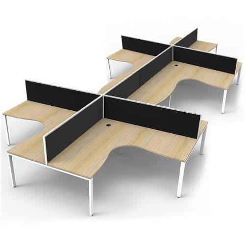 Elite 8-Way Corner Workstation, Natural Oak Desk Tops, White Under Frames, with Black Screen Dividers