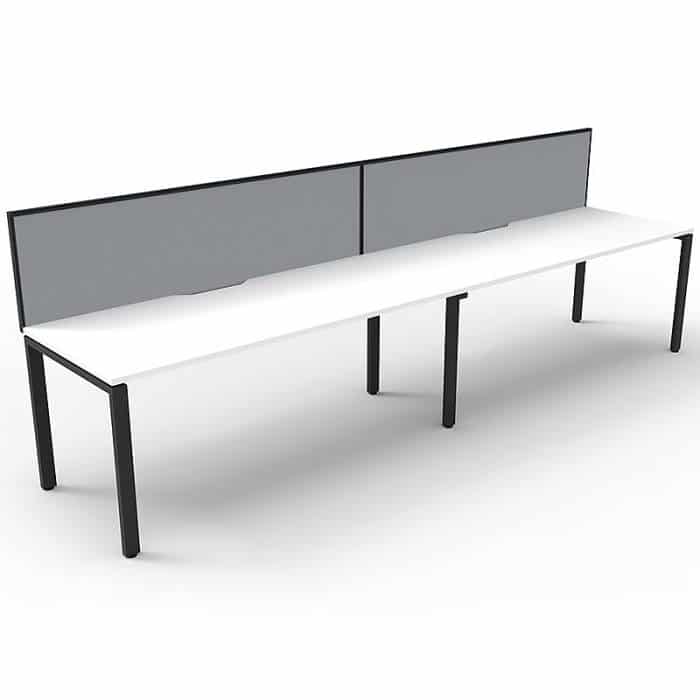 Elite Desk, 2 Person In-Line, Natural White Desk Tops, Black Under Frame, with Grey Screen Dividers