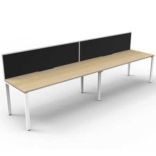Elite Desk, 2 Person In-Line, Natural Oak Desk Tops, White Under Frame, with Black Screen Dividers