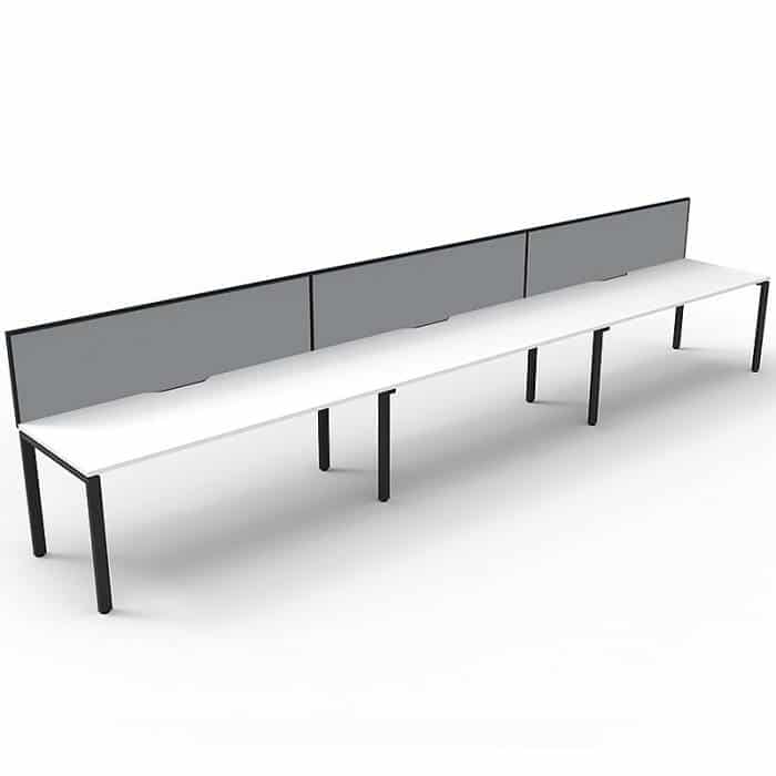 Elite Desk, 3 Person In-Line, Natural White Desk Tops, Black Under Frame, with Grey Screen Dividers