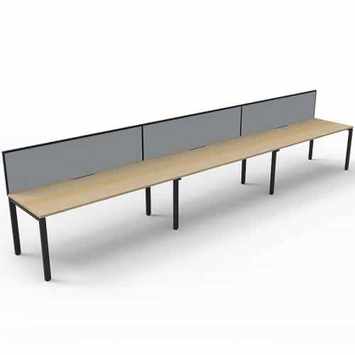 Elite Desk, 3 Person In-Line, Natural Oak Desk Tops, Black Under Frame, with Grey Screen Dividers