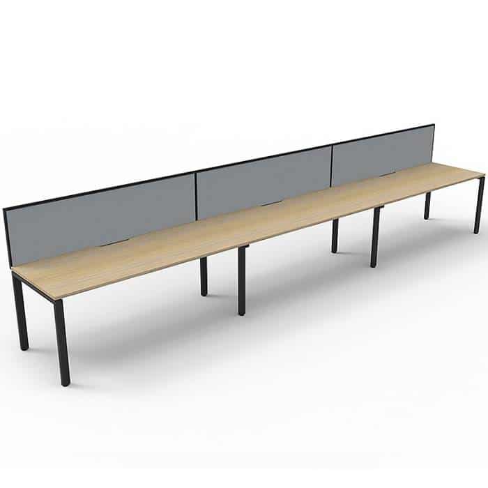 Elite Desk, 3 Person In-Line, Natural Oak Desk Tops, Black Under Frame, with Grey Screen Dividers