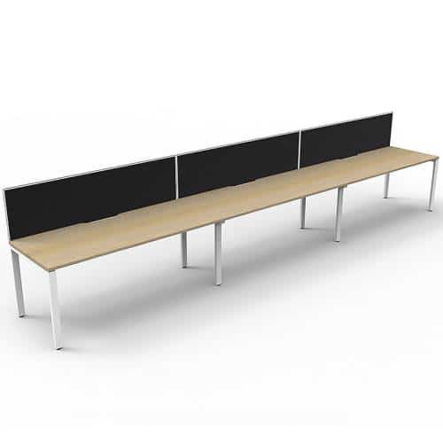 Elite Desk, 3 Person In-Line, Natural Oak Desk Tops, White Under Frame, with Black Screen Dividers