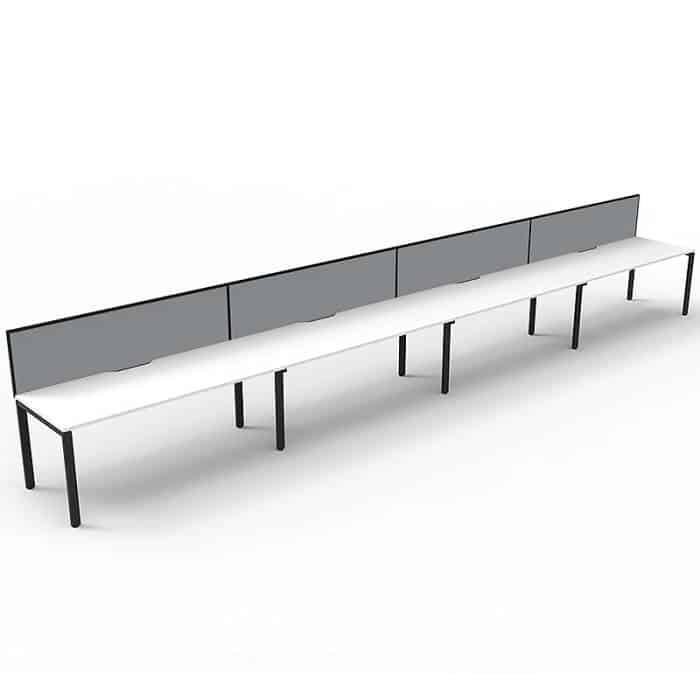 Elite Desk, 4 Person In-Line, Natural White Desk Tops, Black Under Frame, with Grey Screen Dividers