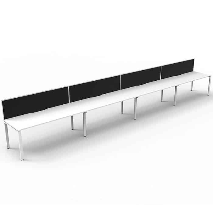 Elite Desk, 4 Person In-Line, Natural White Desk Tops, White Under Frame, with Black Screen Dividers