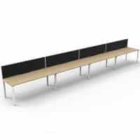 Elite Desk, 4 Person In-Line, Natural Oak Desk Tops, White Under Frame, with Black Screen Dividers