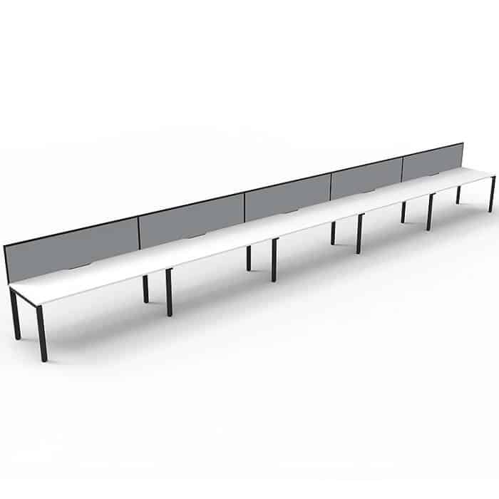 Elite Desk, 5 Person In-Line, Natural White Desk Tops, Black Under Frame, with Grey Screen Dividers