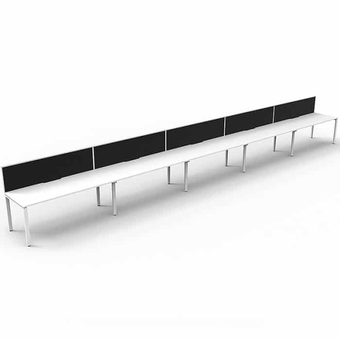 Elite Desk, 5 Person In-Line, Natural White Desk Tops, White Under Frame, with Black Screen Dividers