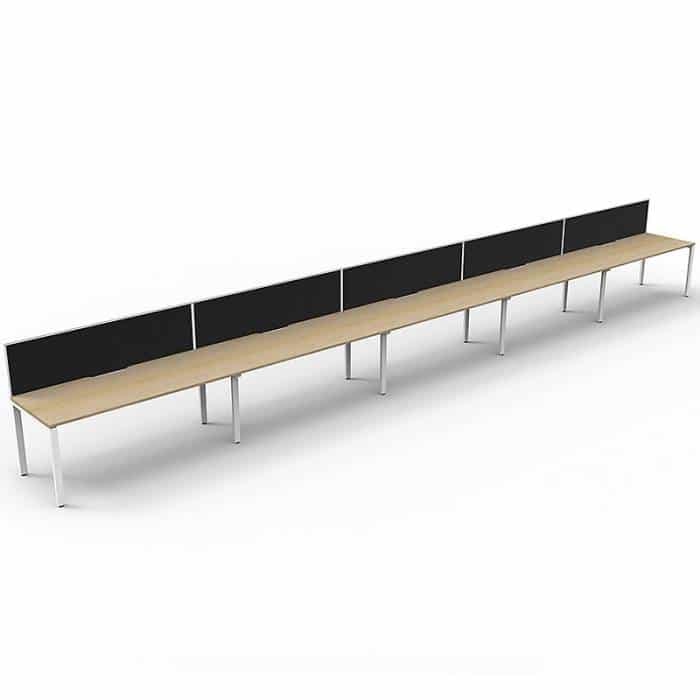 Elite Desk, 5 Person In-Line, Natural Oak Desk Tops, White Under Frame, with Black Screen Dividers