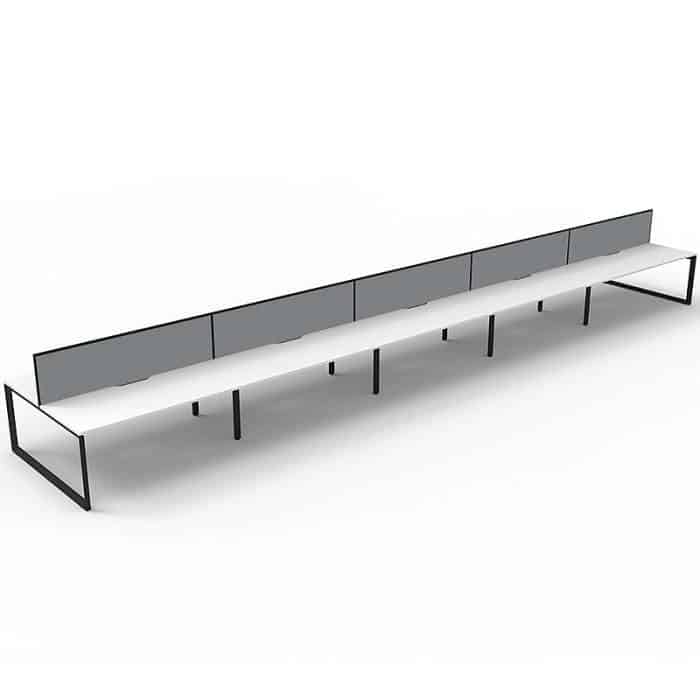 Elite Loop Leg 10-Way Desk Pod, Natural White Desk Tops, Black Under Frame, with Grey Screen Dividers