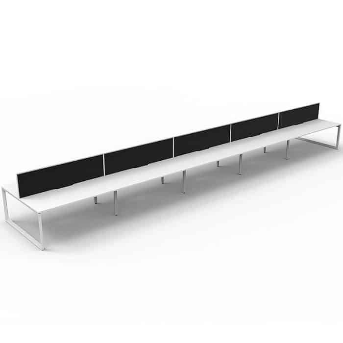 Elite Loop Leg 10-Way Desk Pod, Natural White Desk Tops, White Under Frame, with Black Screen Dividers