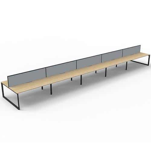 Elite Loop Leg 10-Way Desk Pod, Natural Oak Desk Tops, Black Under Frame, with Grey Screen Dividers
