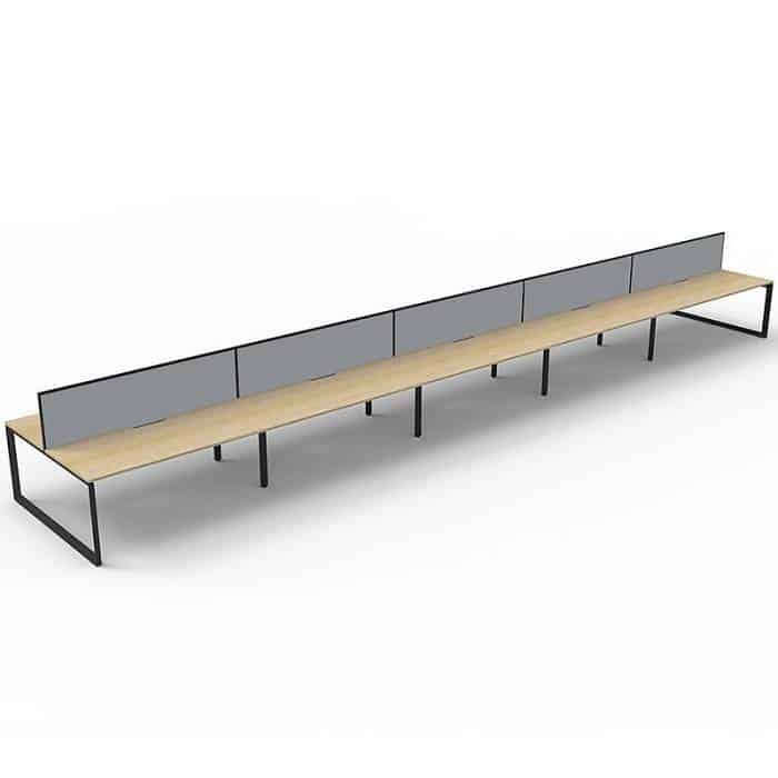 Elite Loop Leg 10-Way Desk Pod, Natural Oak Desk Tops, Black Under Frame, with Grey Screen Dividers